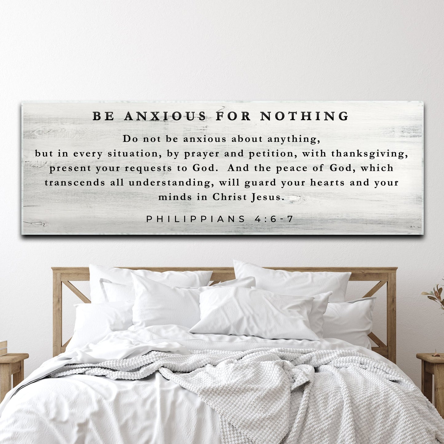 Be Anxious For Nothing sign canvas with wood background and black text by Tailored Canvases on Tampa Home & Garden Store