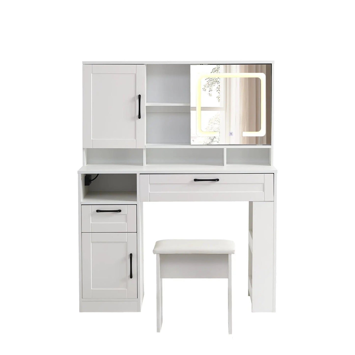 Vanity table with large sliding lighted mirror and 1 stool, white finish, built-in storage on Tampa Home & Garden Store