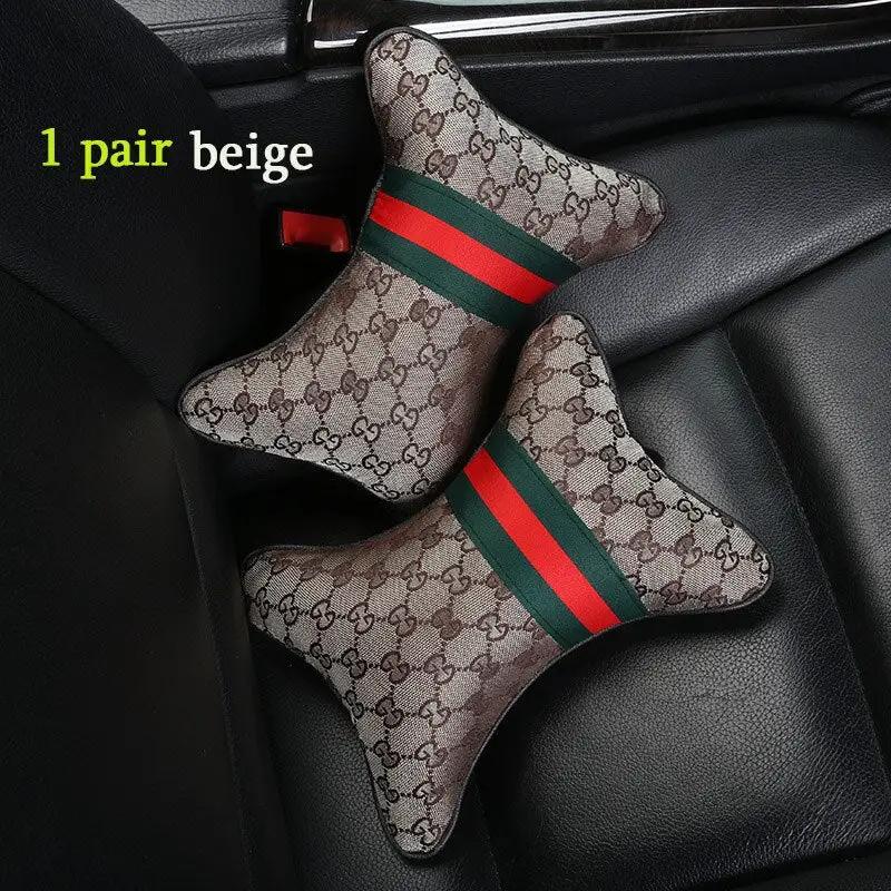 1 pair beige luxury linen car headrest pillows for neck rest with green-red striped band on Tampa Home & Garden Store