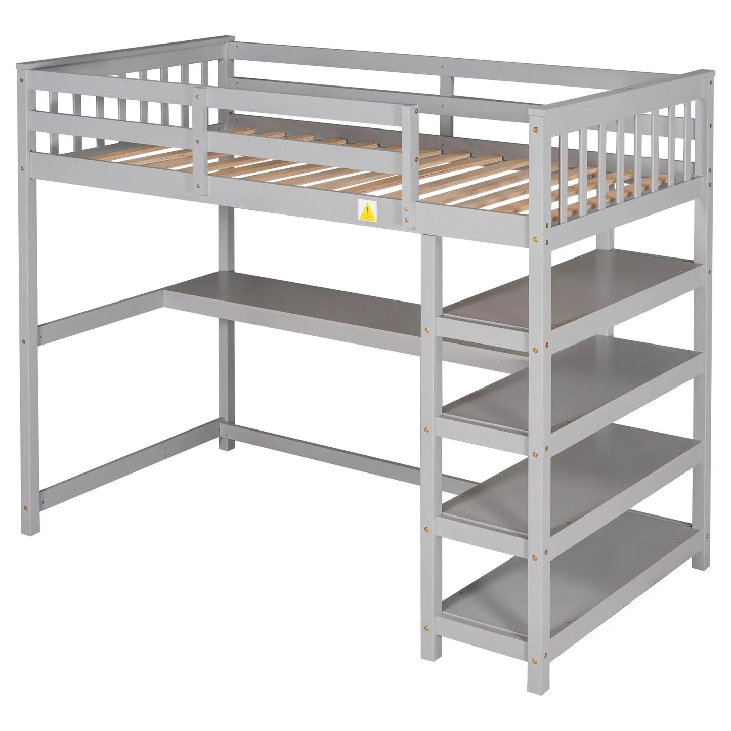 Twin gray loft bed with integrated desk and storage shelves, wood slat mattress support on Tampa Home & Garden Store