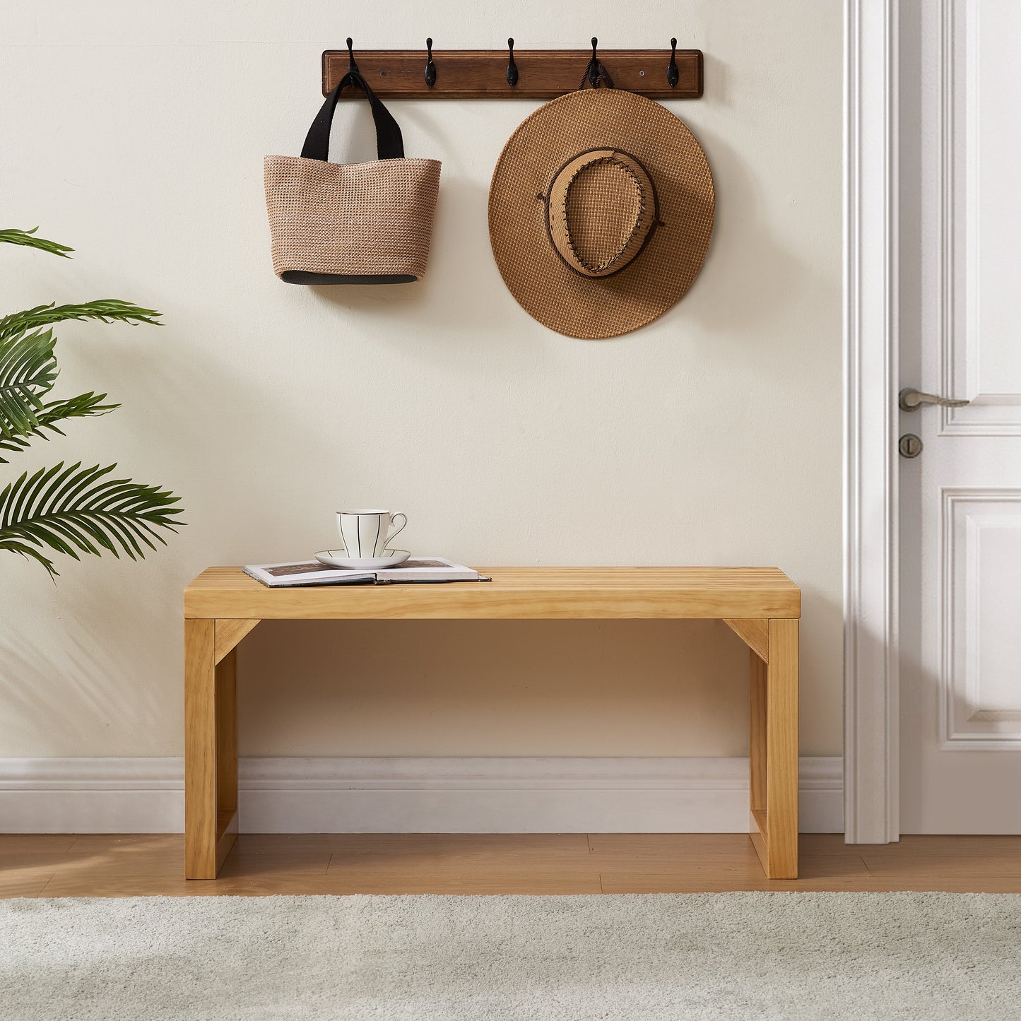 Banco y mesa de comedor, banco de madera de pino para interior para entrada, sala de estar, cocina y dormitorio (Naturaleza, Banco largo y mesa)