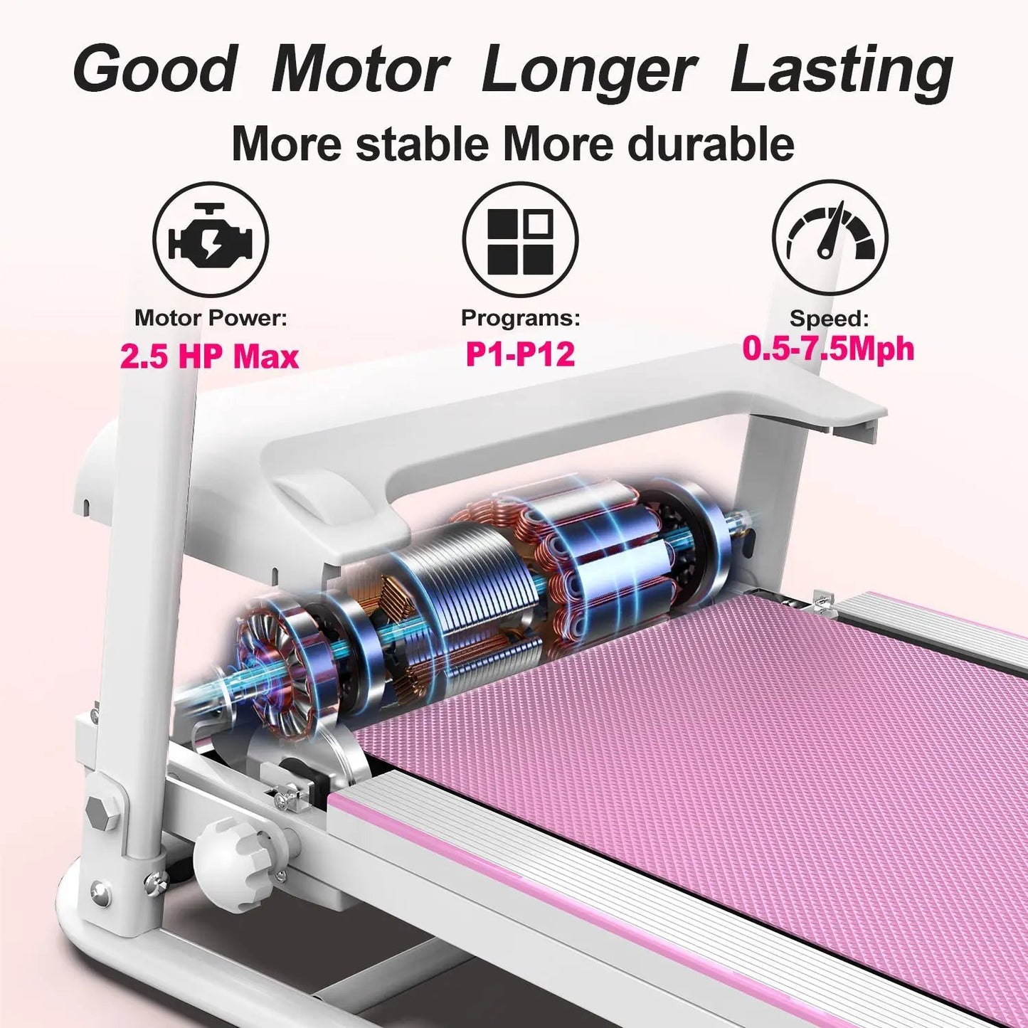 Foldable Treadmill 2.5HP with white frame and pink running belt cross-section view on Tampa Home & Garden Store