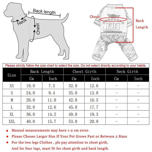 FBI Camouflage Dog Jumpsuit by Furr Baby Gifts, four-leg camo coat on Tampa Home & Garden Store