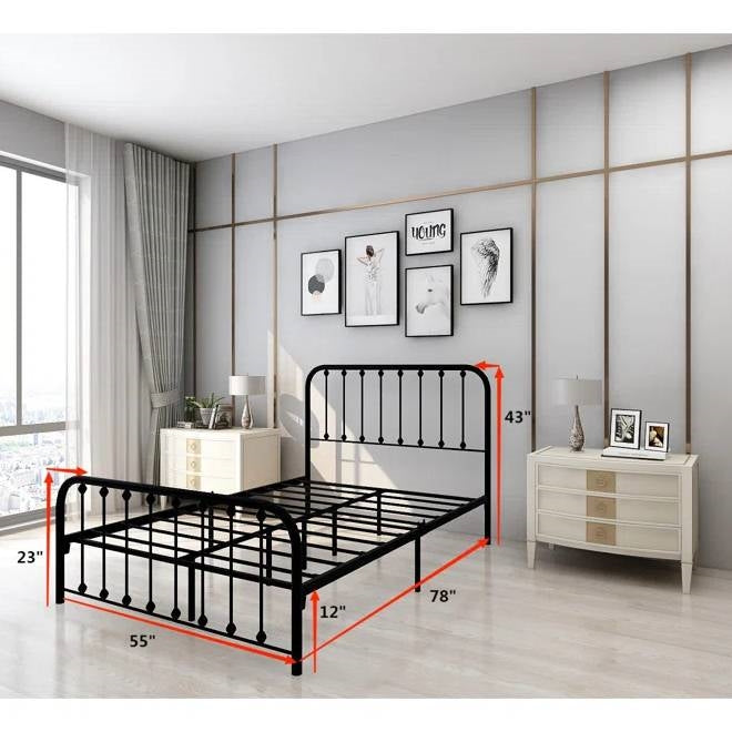 Estructura de cama metálica clásica negra de tamaño completo con cabecero y piecero de listones