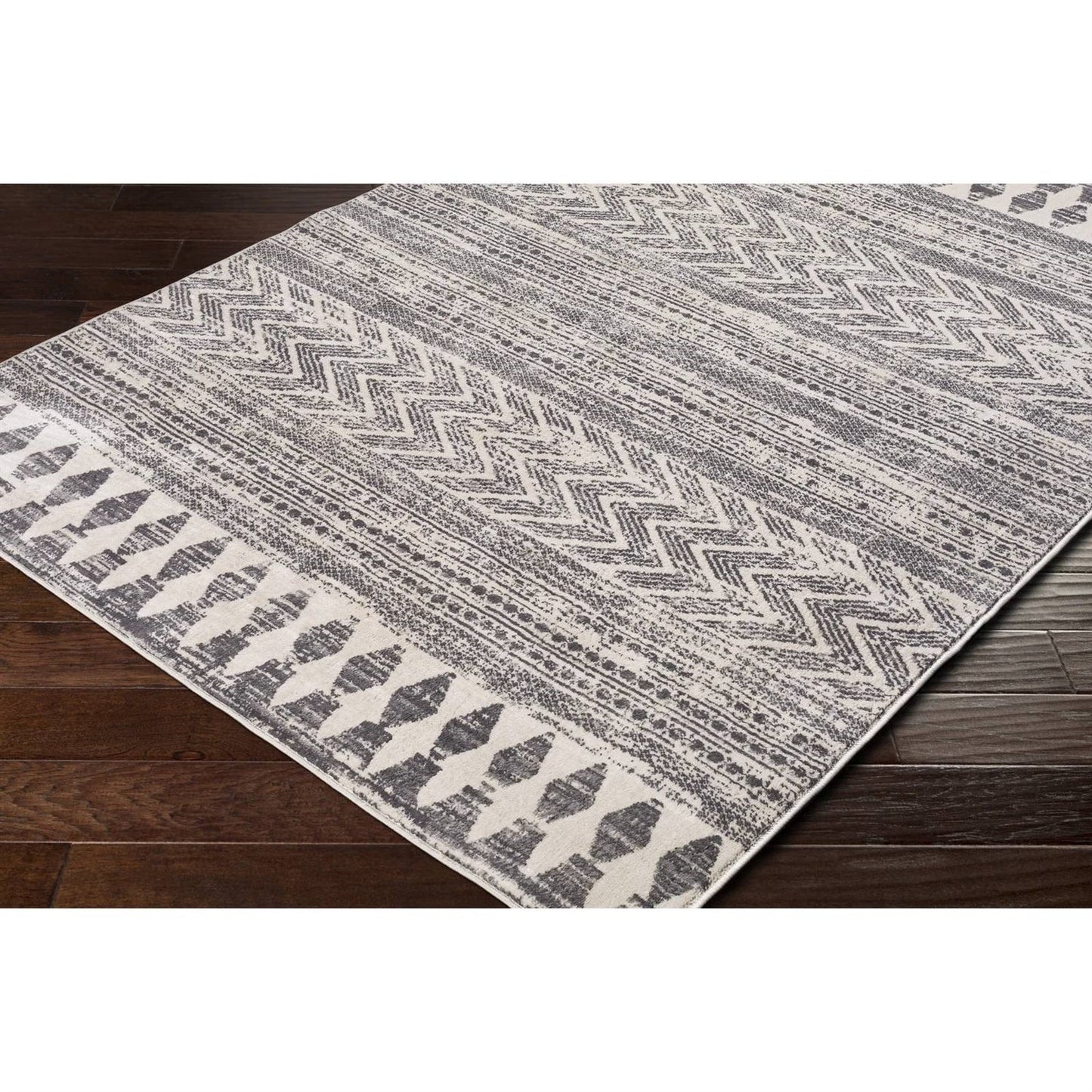 Alfombra de área estilo bohemio con diseño geométrico de rayas chevron en gris y marfil de 5 x 7 pies