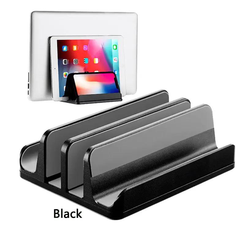 Laptop Stand Vertical Storage Rack and Organizer, black metal three-slot riser for tablets on Tampa Home & Garden Store