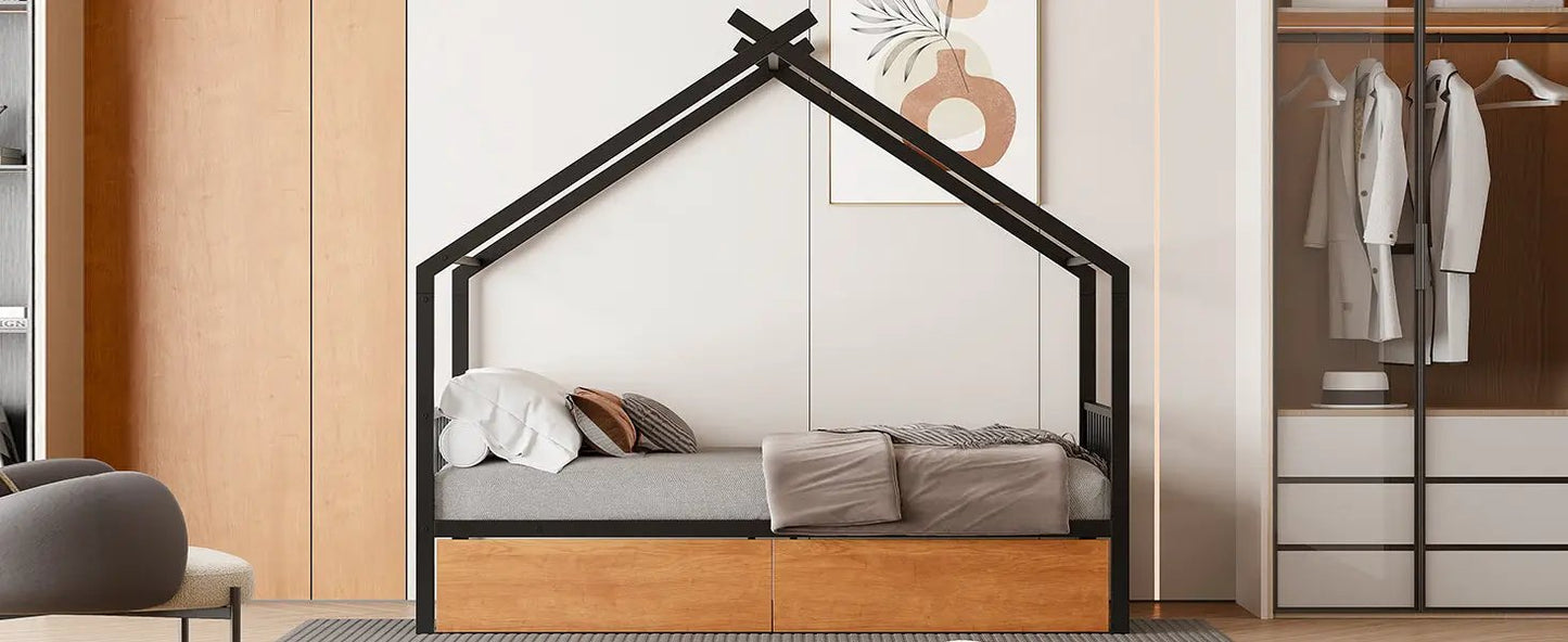 Twin size black metal house bed with two drawers VIP Digital Presence on Tampa Home & Garden Store