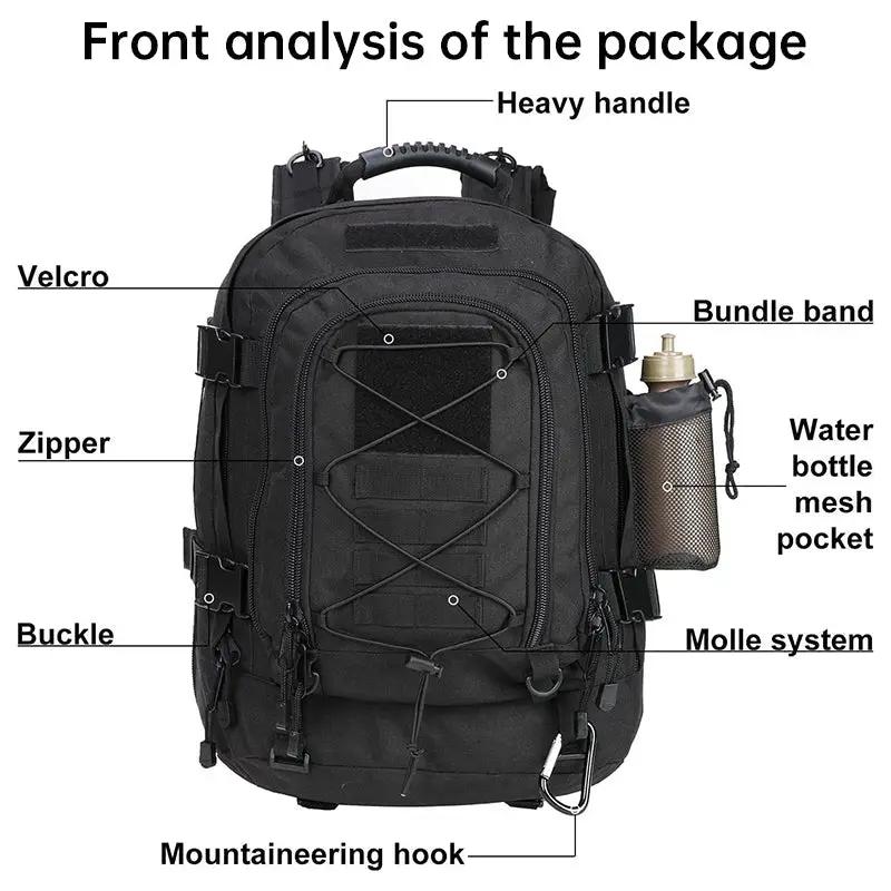 Mochila táctica para hombre de 65L: gran capacidad, ideal para senderismo, camping y viajes. Una mochila de estilo militar.