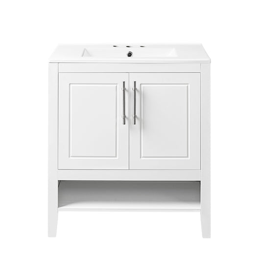 30" Bathroom Vanity with Sink Multi-functional Bathroom Cabinet with Doors and Drawers Solid Frame and MDF Board, White
