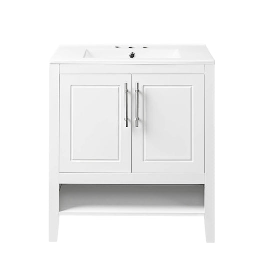30 Inch White Bathroom Vanity with Sink, three faucet holes, double doors, chrome handles on Tampa Home & Garden Store