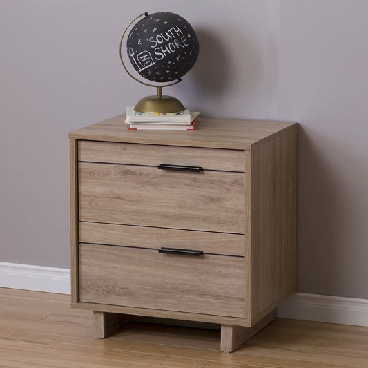 Modern 2-drawer end table in light oak with black handles, globe lamp, and books on Tampa Home & Garden Store