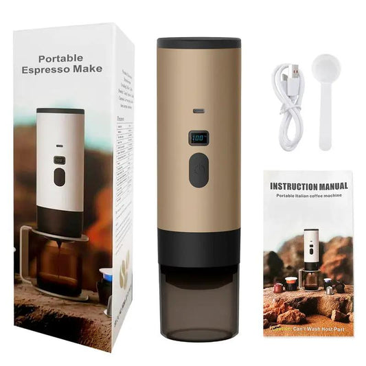 Portable wireless 3-in-1 espresso maker, 1-unit, tan/gold body; includes USB cable and scoop on Tampa Home & Garden Store