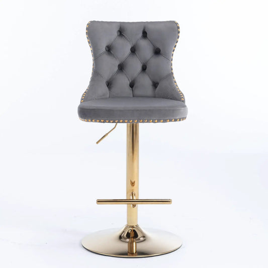 Adjustable bar stool 25-33 in with tufted gray velvet back and gold pedestal base on Tampa Home & Garden Store