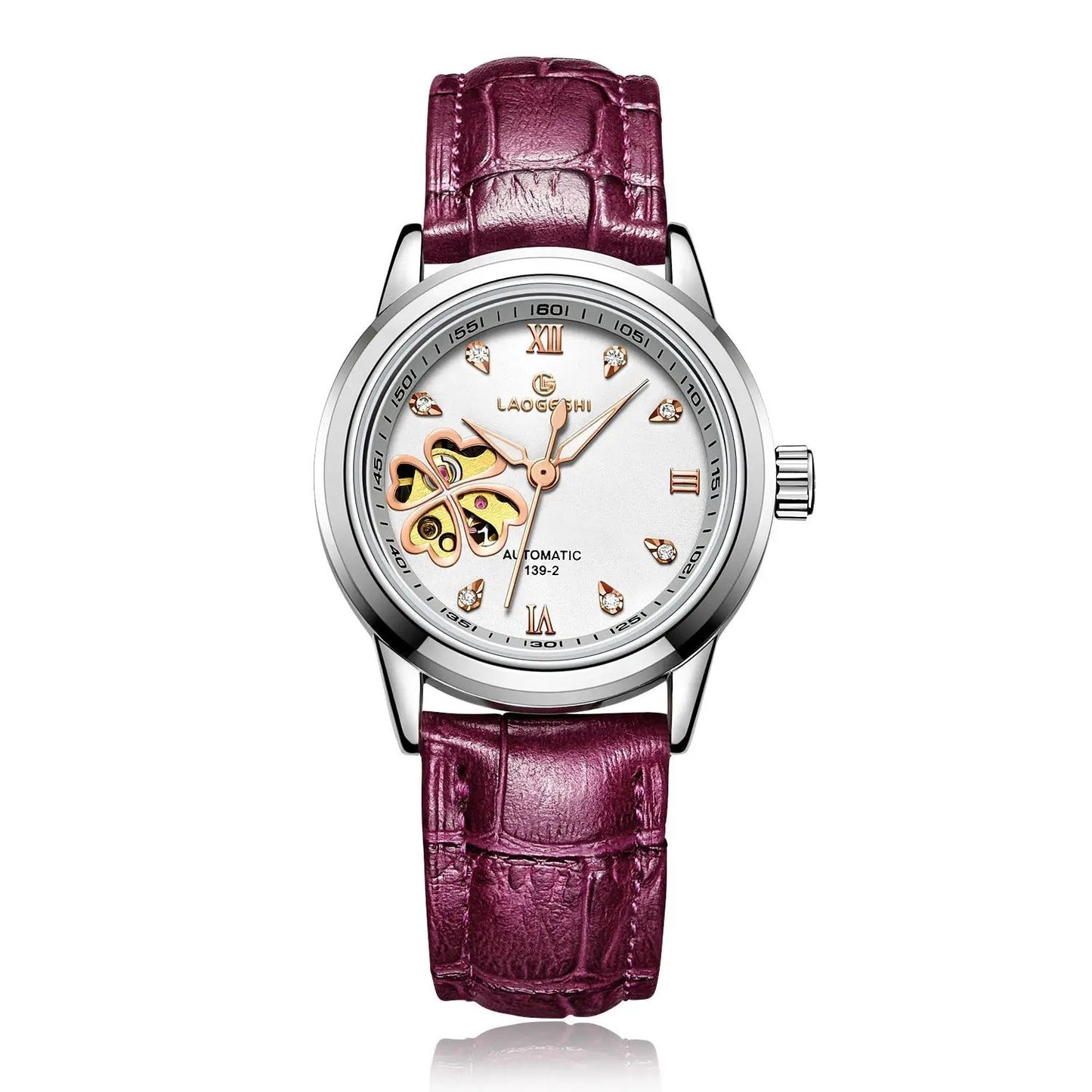 Laogesh women's automatic watch white dial, night glow hands, purple leather strap on Tampa Home & Garden Store