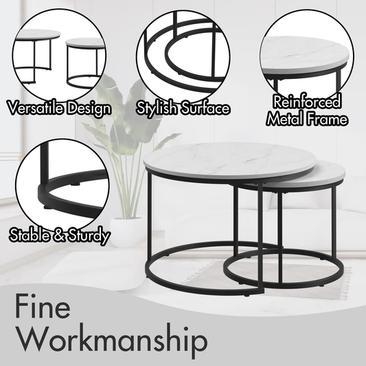 Nest Two Round Coffee Tables With White Marble Top, two nested tables with black metal frames on Tampa Home & Garden Store