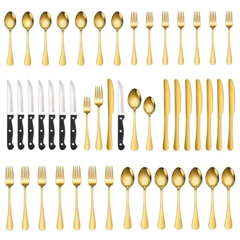 48-piece stainless steel cutlery set with gold finish and black-handle steak knives on Tampa Home & Garden Store