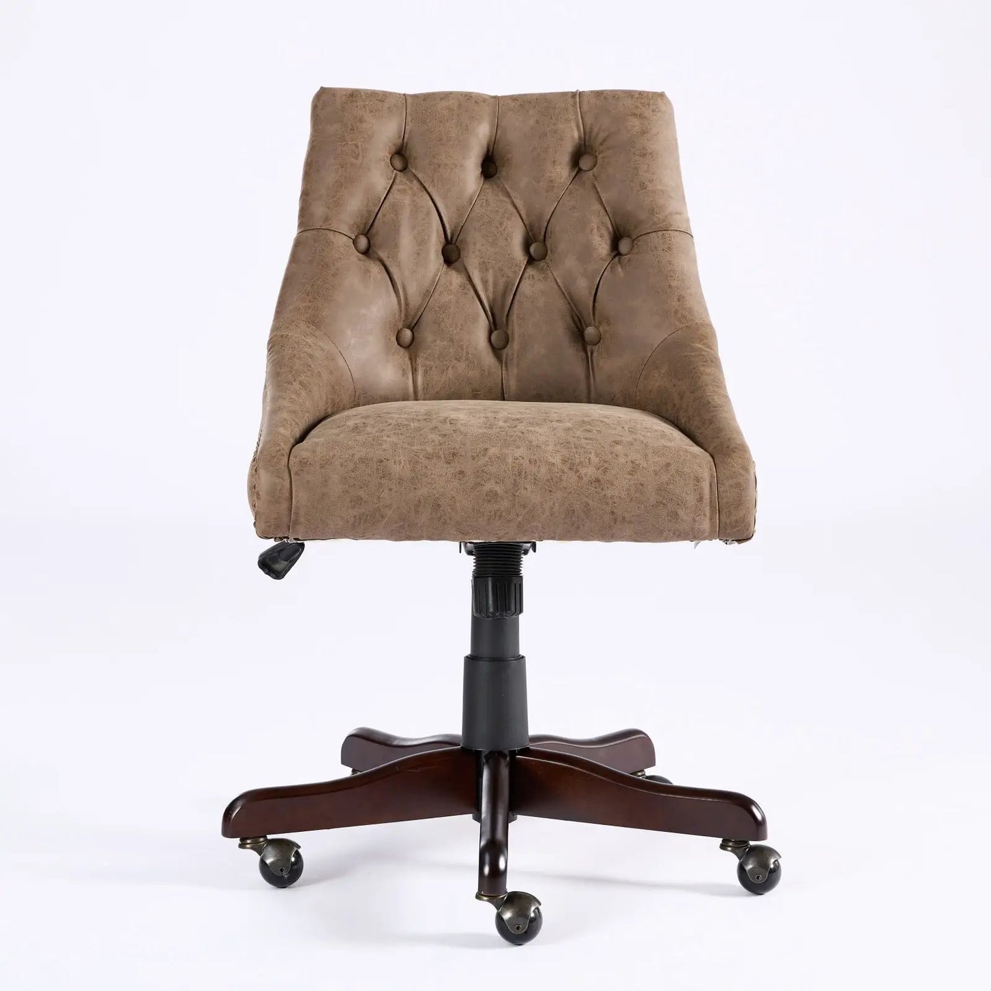 Medieval retro brown sheepskin office chair with tufted back and tilt on dark wood base on Tampa Home & Garden Store