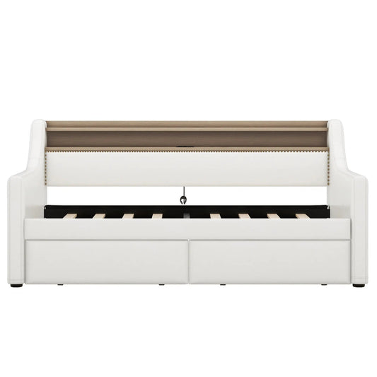 Twin size daybed with drawers and LED lights, white PU leather and wood headboard rail on Tampa Home & Garden Store