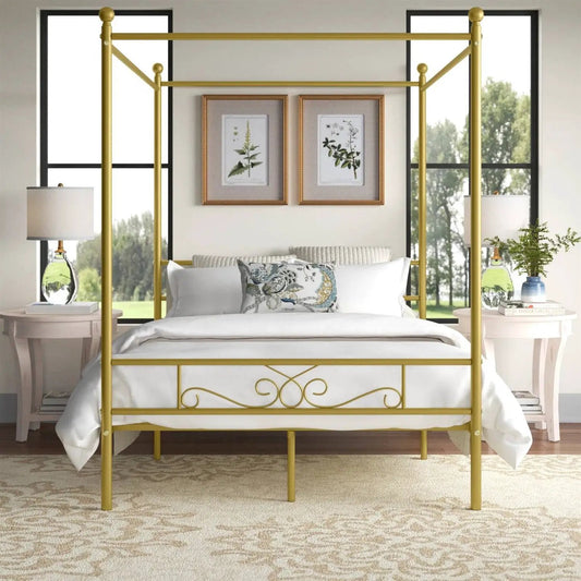 Full-size gold metal French Country four-poster canopy bed with white bedding and 2 nightstands on Tampa Home & Garden Store