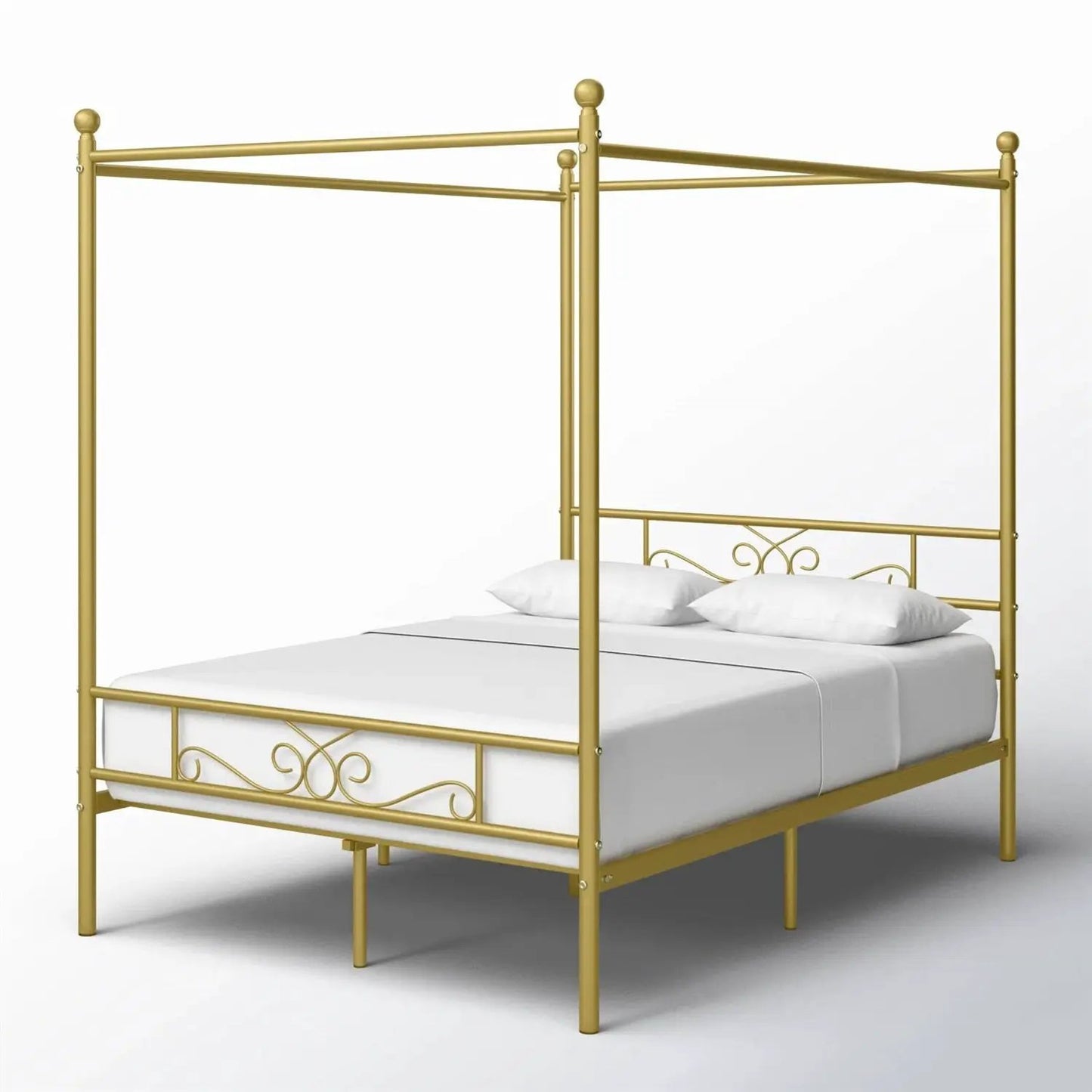 Full size French Country Four Poster Metal Canopy Bed in Gold Finish - Tampa Home & Garden Store