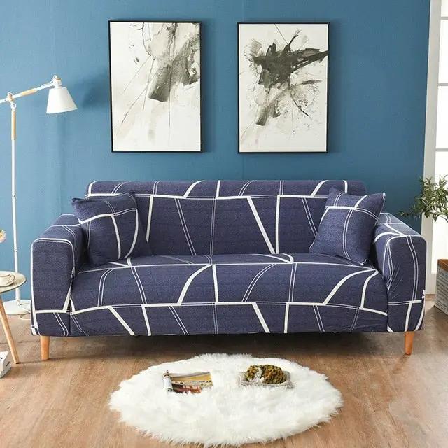Sofa slipcover blue geometric patterned elastic all-in-one cover on Tampa Home & Garden Store