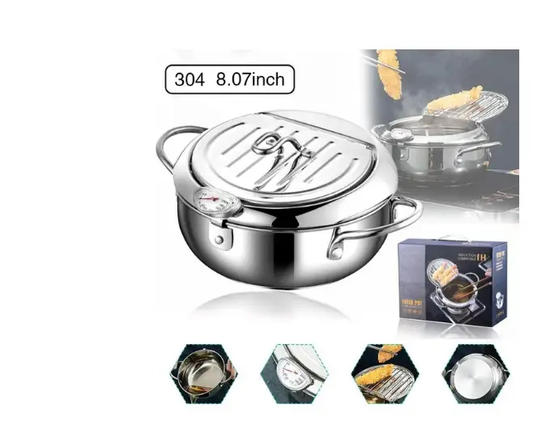 Stainless steel tempura fryer 8.07-inch with built-in thermometer and compact filter on Tampa Home & Garden Store