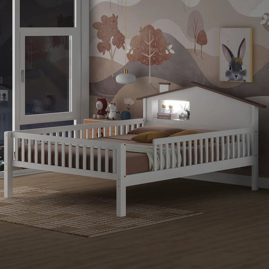 Full Size Wood Platform Bed With LED Headboard gray finish in kids room VIP Digital Presence on Tampa Home & Garden Store