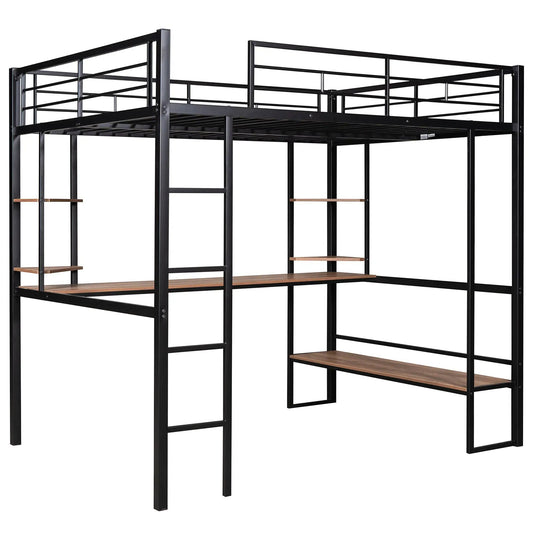 Full-size black metal loft bed with built-in desk and shelves on Tampa Home & Garden Store