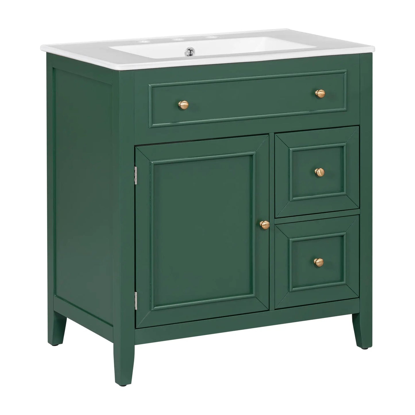 30-inch green wood bathroom vanity with white sink top and brass knobs VIP Digital Presence on Tampa Home & Garden Store