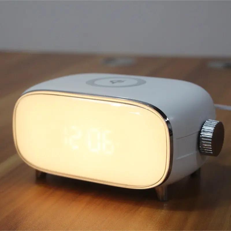 Despertador creativo con carga inalámbrica QI, elegante lámpara de mesa con luz ambiental, simulación de amanecer y anochecer para dormir.