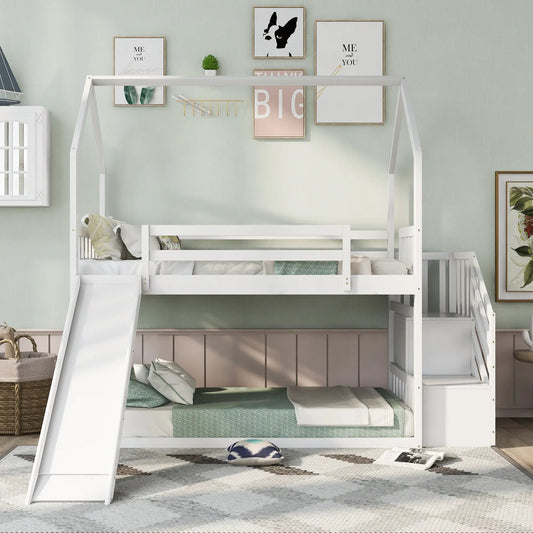Twin over twin white bunk bed with slide and built-in storage stairs on Tampa Home & Garden Store