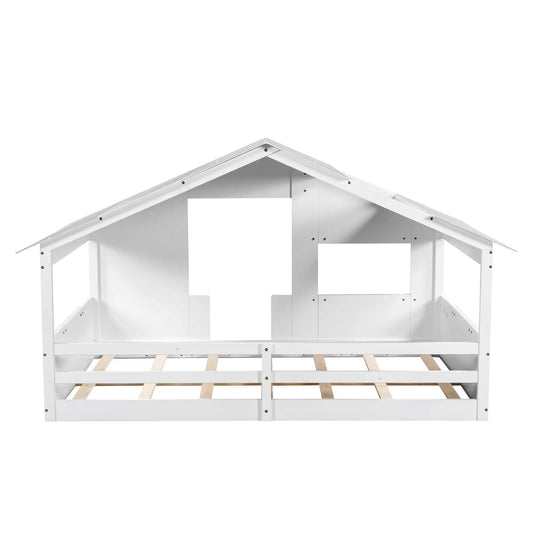 White wooden full-size house bed with roof and guardrails, cabin bed frame on Tampa Home & Garden Store
