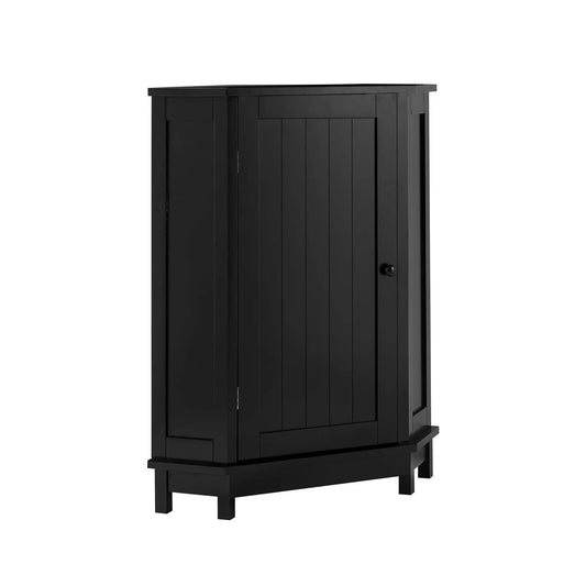 Black triangle corner bathroom cabinet with shelf, vertical panel doors on Tampa Home & Garden Store