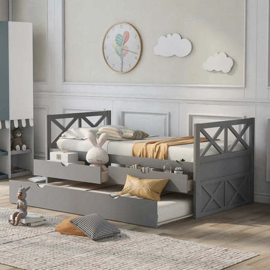 Gray twin-size daybed with drawers and trundle in a kid's room V.I.P Digital Presence brand on Tampa Home & Garden Store