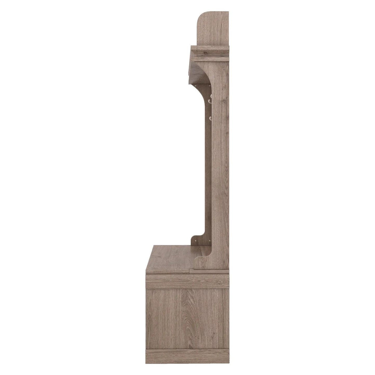 Hall tree with storage bench and oak display rack; oak post with coat hooks and curved shelves on Tampa Home & Garden Store