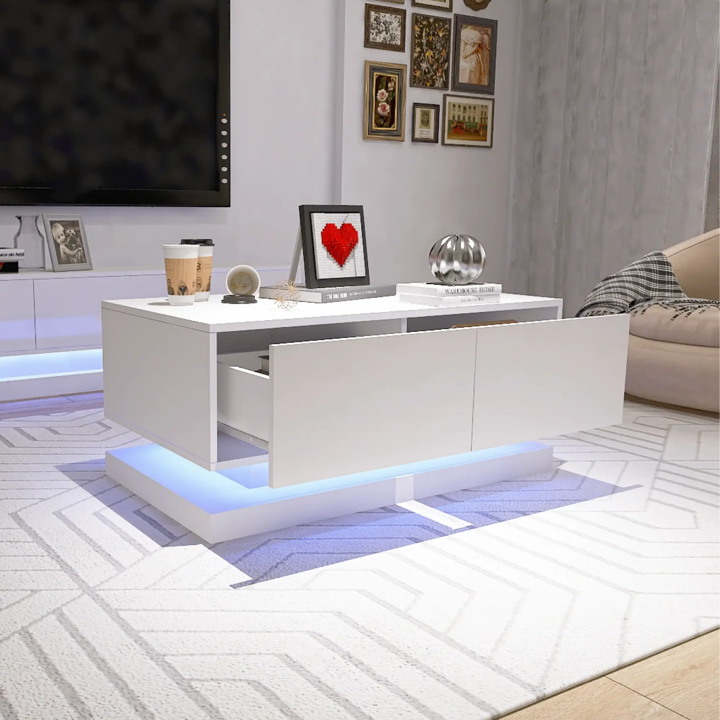 Mesa de centro alto brillo con 2 cajones, luz LED RGB y control Bluetooth