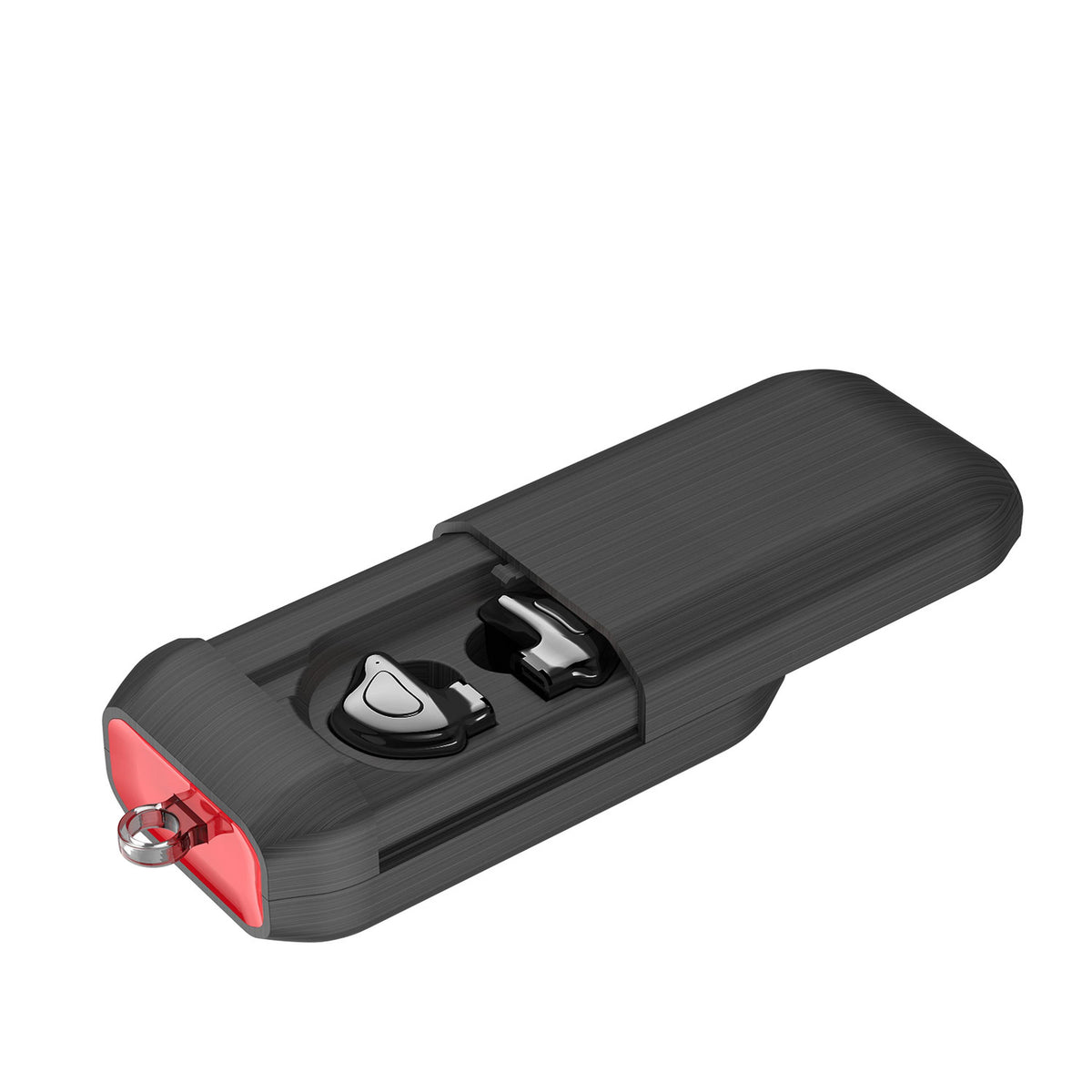 Two true wireless earbuds in open textured gray charging case with red accent on Tampa Home & Garden Store