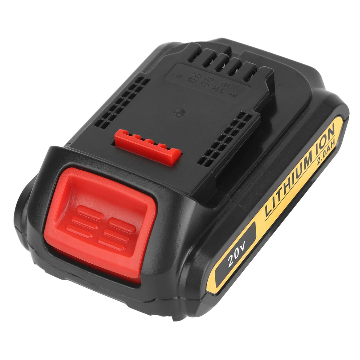 20V replacement battery for Dewalt DCB series, black body with red latch and yellow side label on Tampa Home & Garden Store