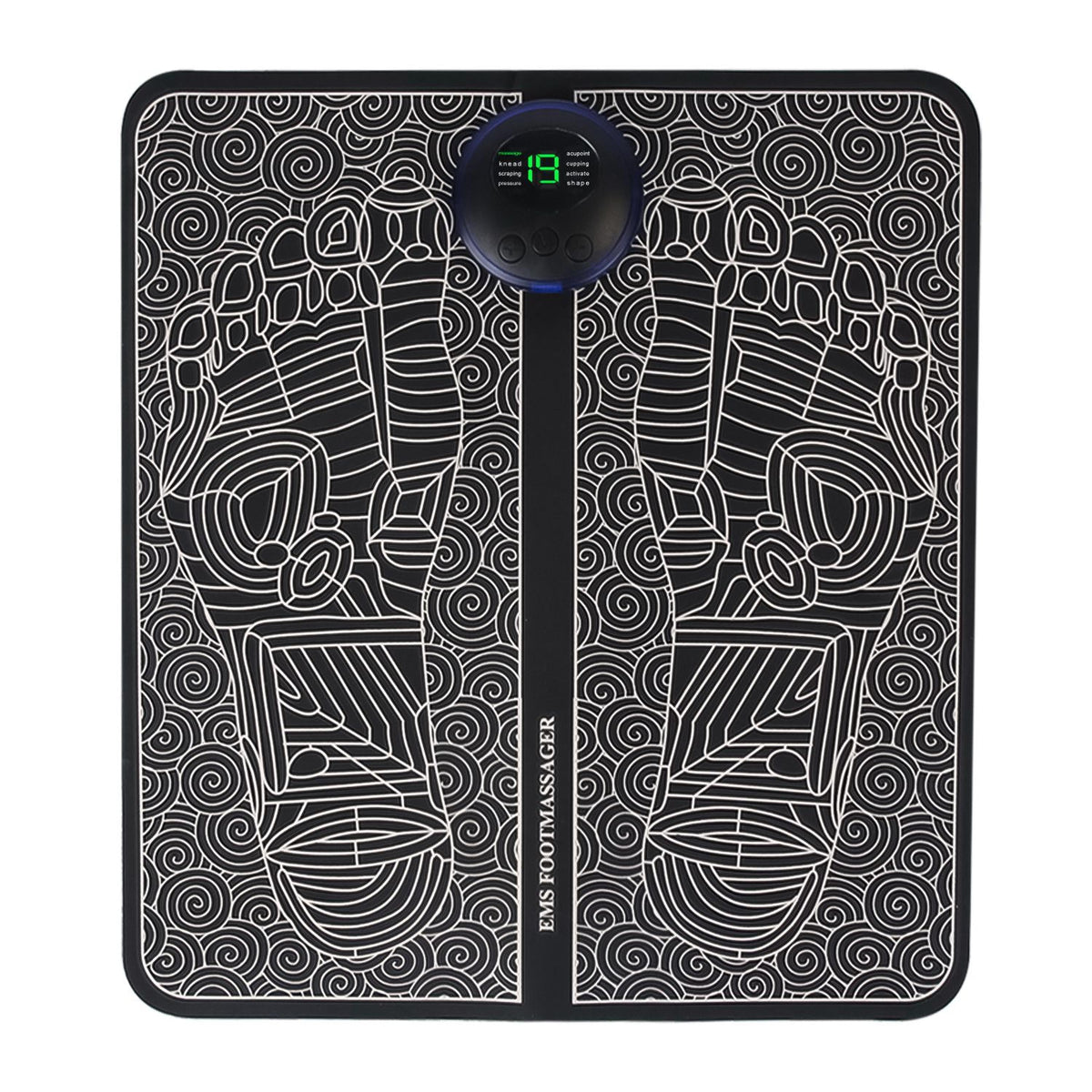 Foot massager pad with circular digital controller on black patterned surface on Tampa Home & Garden Store