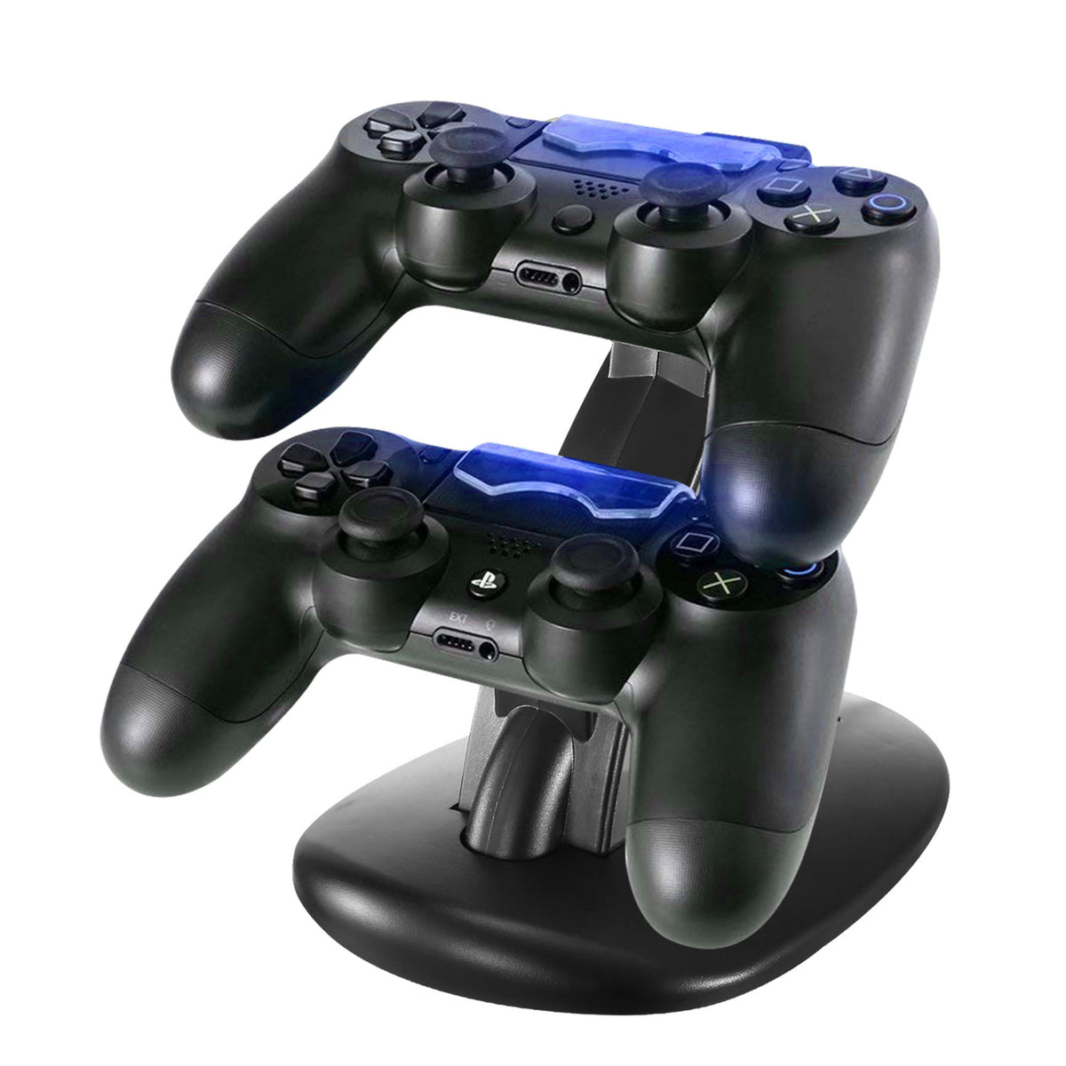 Dual micro USB charging dock for PS4 Pro/Slim controllers with blue indicator, black stand on Tampa Home & Garden Store