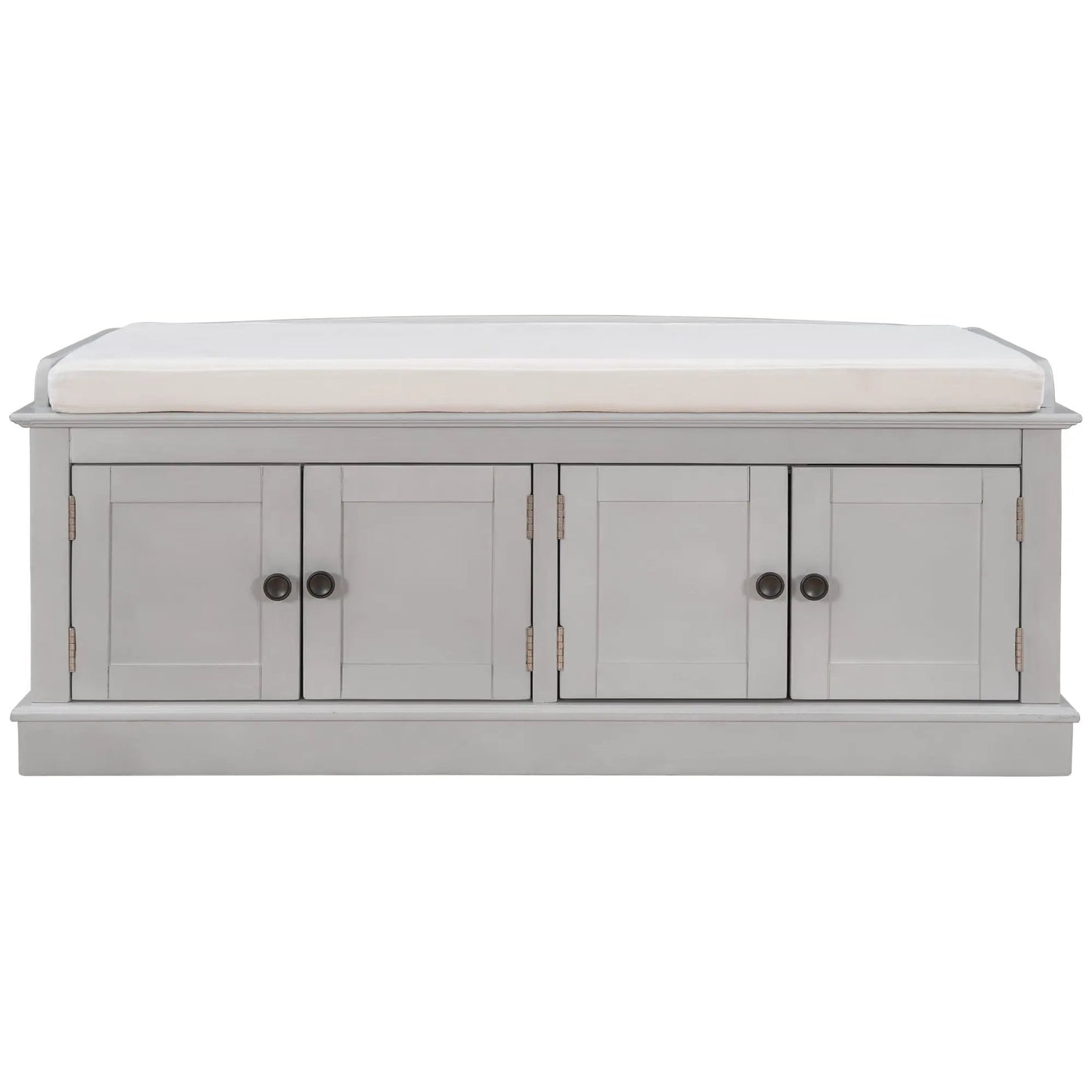 Trexm storage bench with four doors and shelves, light gray wood finish, cushioned top on Tampa Home & Garden Store