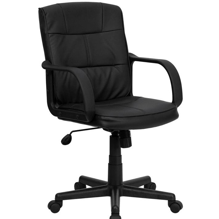 Silla de oficina de poliuretano y cuero negro de respaldo medio con brazos de nailon