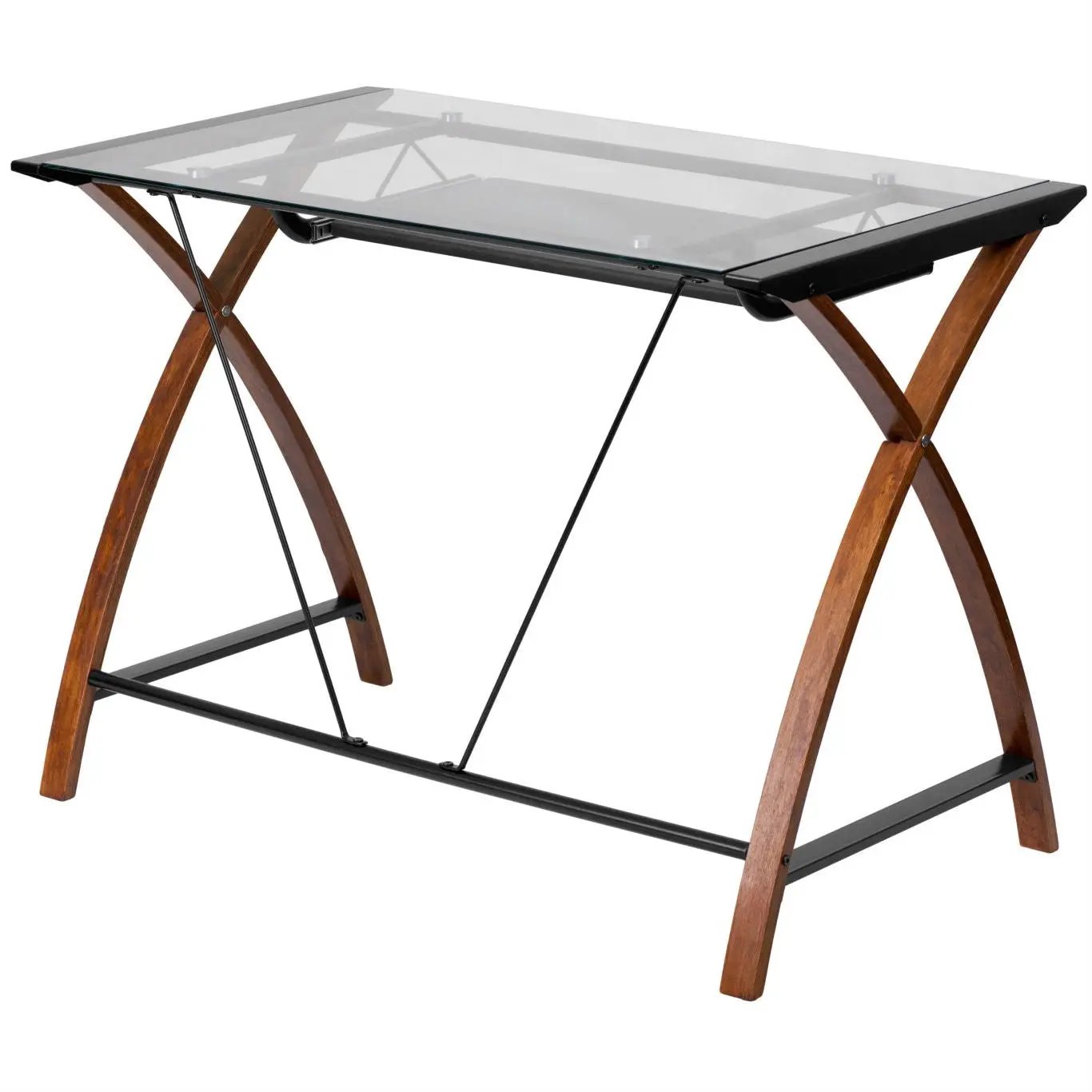 Modern Cherry Finish Glass Top Writing Table Computer Desk with Keyboard Tray - Tampa Home & Garden Store