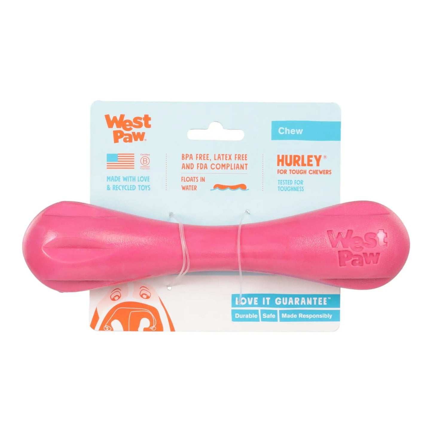 Hurley Geranium Chew Bone toy in pink rubber with West Paw branding on Tampa Home & Garden Store
