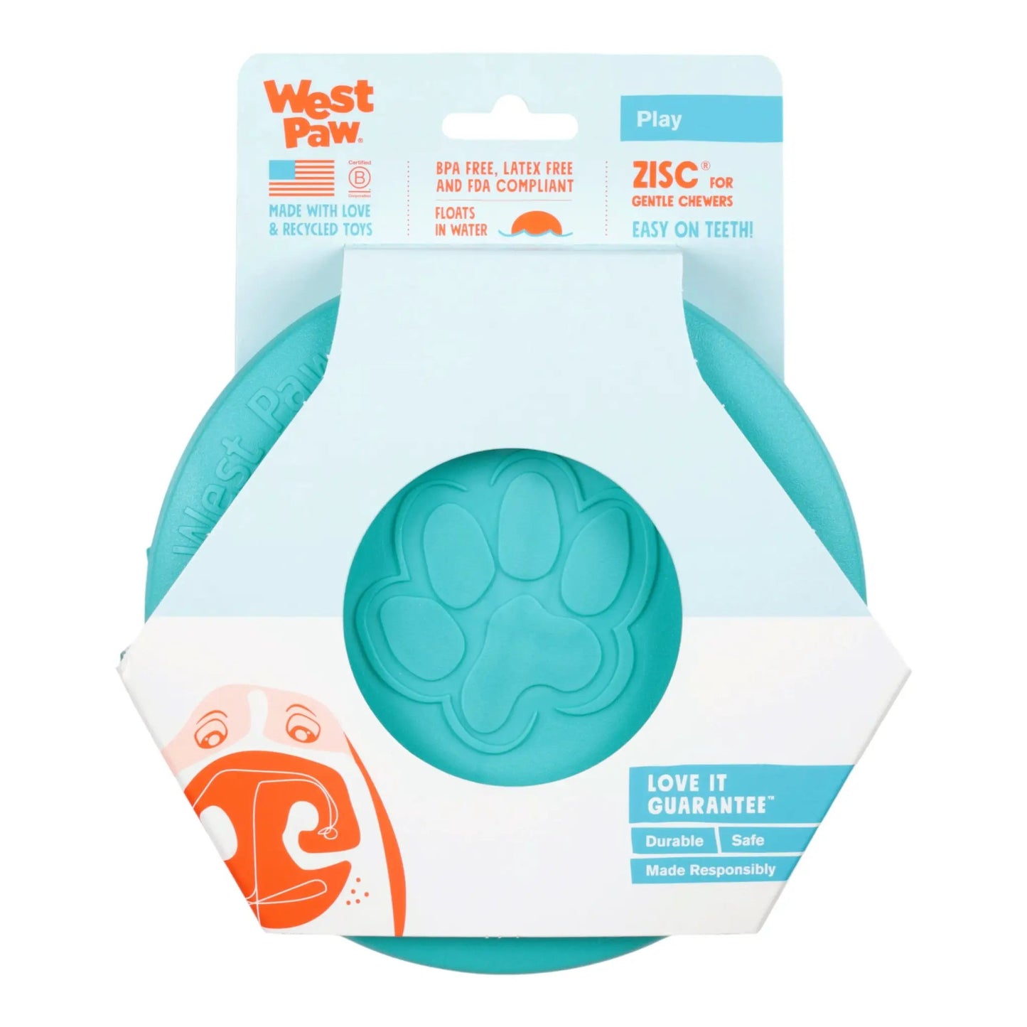 Zisc Teal Gentle Flying Disc dog toy by West Paw; durable teal disk with paw motif on Tampa Home & Garden Store