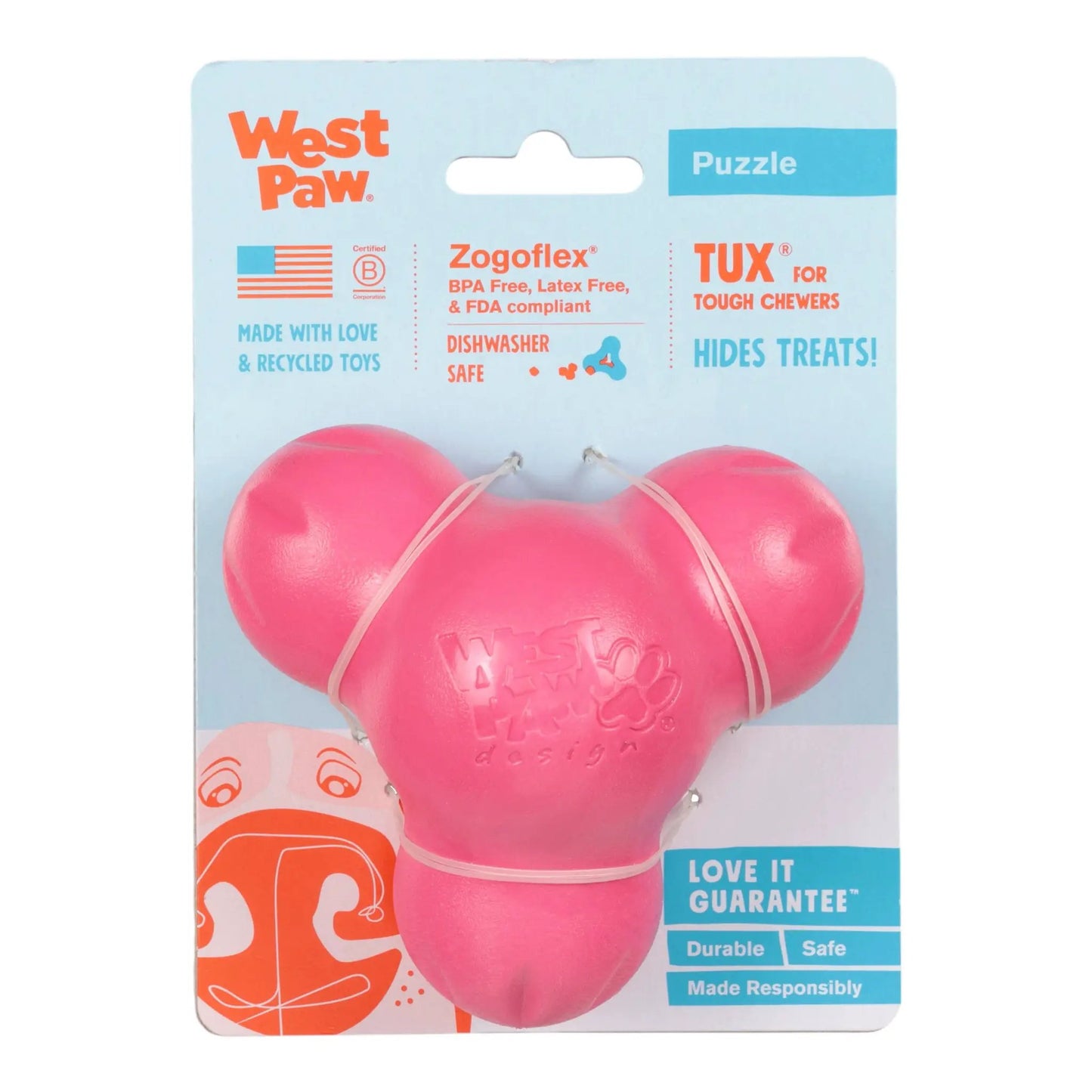 Durable Tux Geranium Treat Toy for Tough Chewers pink West Paw Zogoflex dog toy on Tampa Home & Garden Store