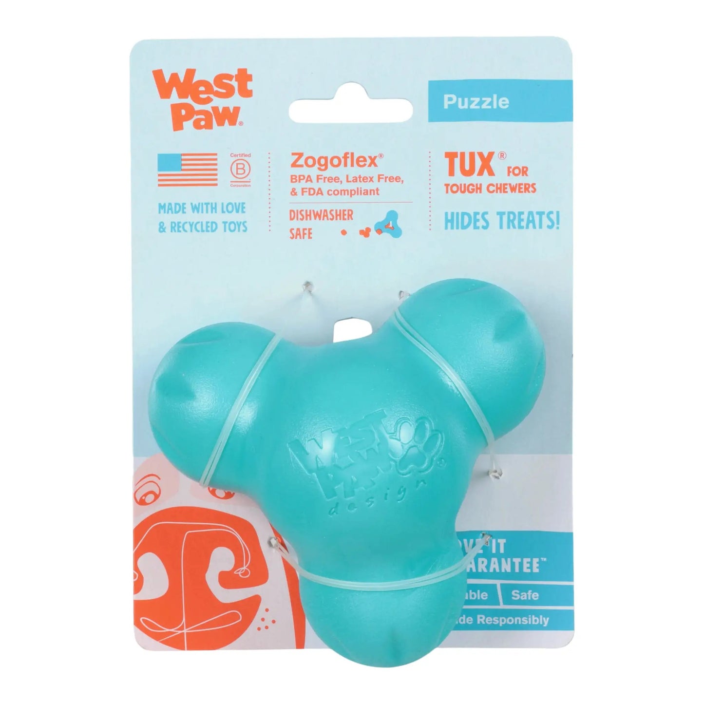 West Paw Tux teal dog toy for tough chewers that floats; Zogoflex BPA Free, FDA compliant on Tampa Home & Garden Store