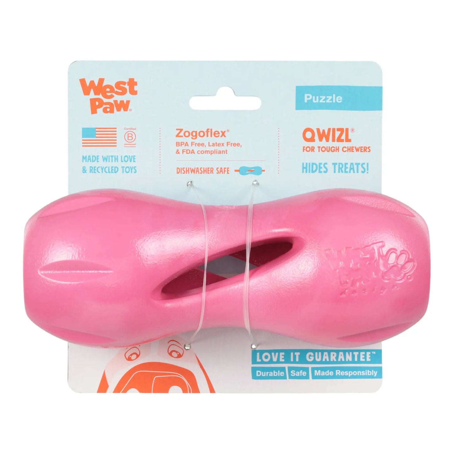 Qwizl Geranium durable dog chew toy, pink rubber with hollow center, West Paw packaging on Tampa Home & Garden Store
