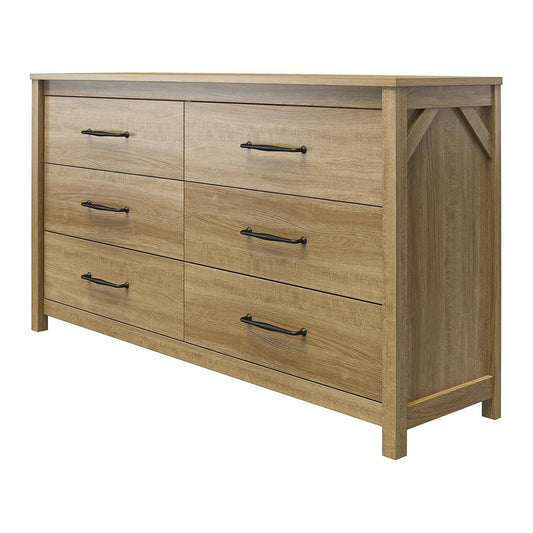 Rustic Farmhouse 6-Drawer Dresser in Natural Wood Finish
