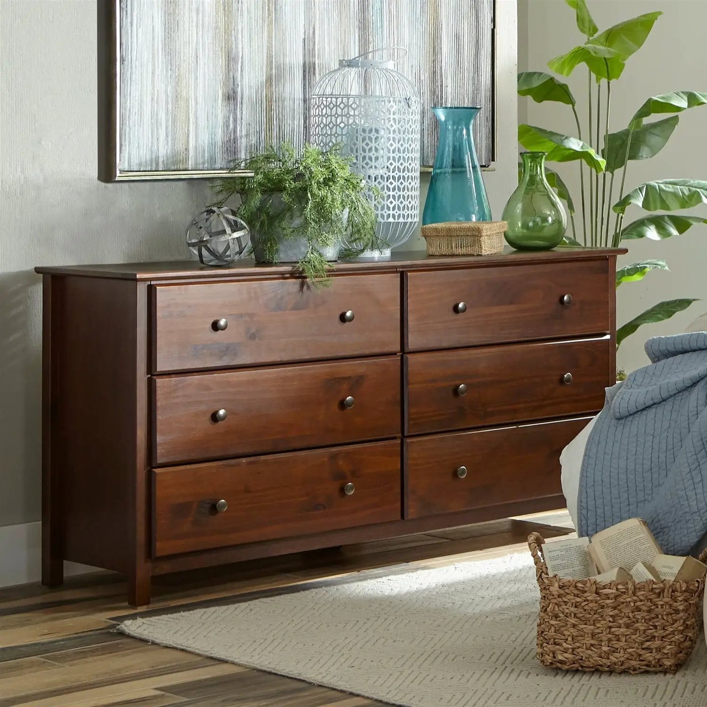 Farmhouse Solid Pine Wood 6 Drawer Dresser in Cherry Finish - Tampa Home & Garden Store